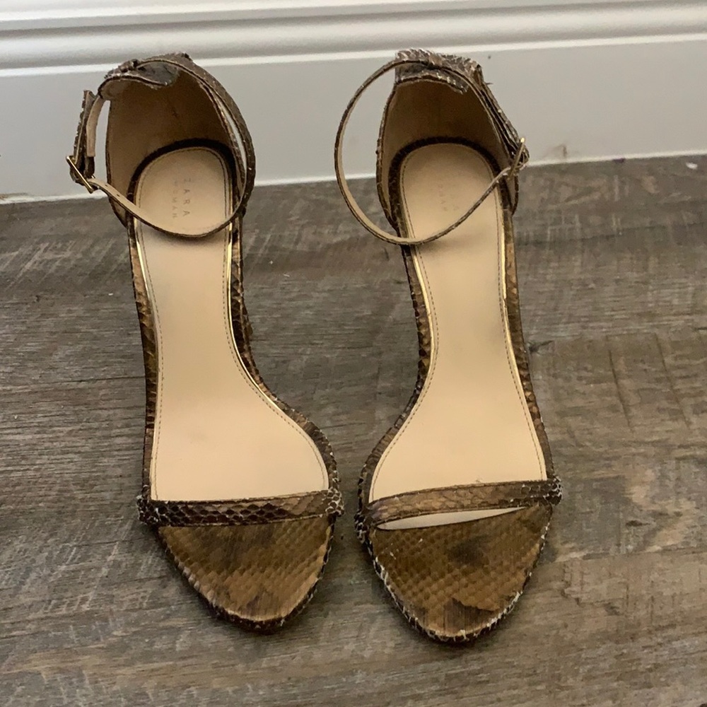 Zara snake skin brown metallic ankle strap heels